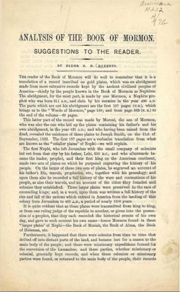 An Analysis of the Book of Mormon: Suggestions to the Reader An Analysis of the Book of Mormon: Suggestions to the Reader