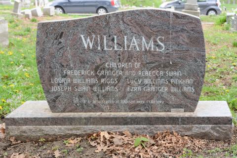 Back of the headstone of Frederick G. Williams. Note that the bottom line reads that he is buried in Madison Park, not in the cemetery. Taken in 2015.