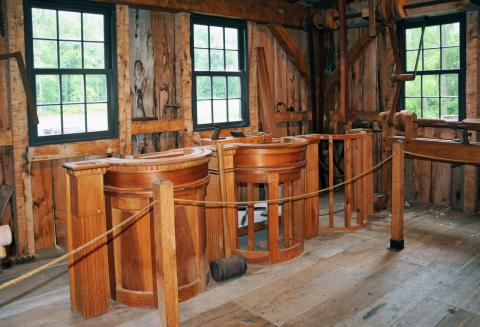 Display at the rebuilt Kirtland sawmill interpreting how the tiered pulpits in the Kirtland Temple were constructed. Taken in 2013.